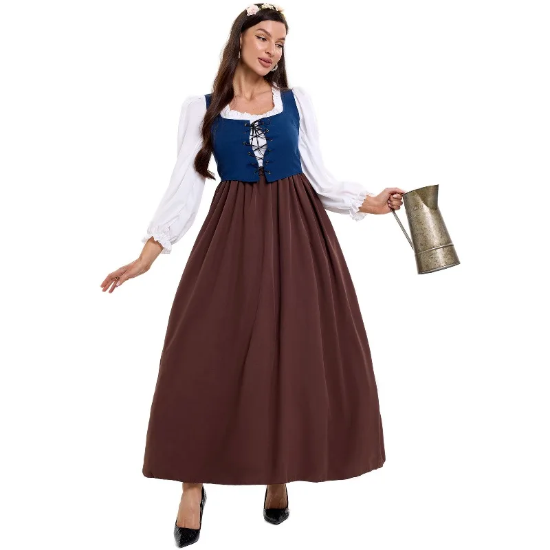 Costume de paysanne vintage pour femmes, haut à manches longues bouffantes avec col carré et laçage, jupe longue taille haute, tenue de cosplay et de jeu de rôle.