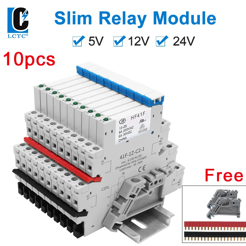 10pcs DIN Rail Relay 5V 12V 24V Slim Relay Module HF41F With Led 6A 41F-5-ZS 41F-12-ZS 41F-24-ZS 30VDC