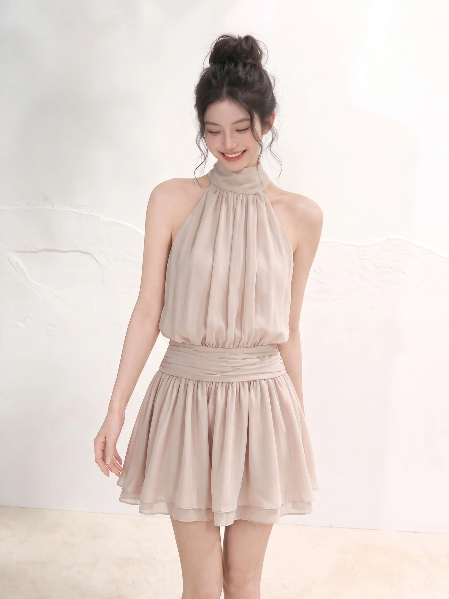 LIXIAOWAN Summer Elegant Waist-Cinching Sleeveless Knot-Neck Short A-Line Dress Stylish Casual Polyester Fiber Women's Dress