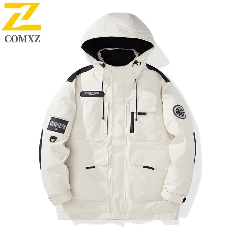 

COMXZ Classic Hooded Luxury Men Down Coat Outdoor Camping Cold Protection Jacket Pure Color Design Trekking Warm Winter Coat