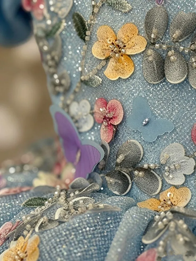 Blaues Prinzessinnenkleid für Mädchen mit 3D-Schmetterlings- und Blumenapplikationen, Puffärmeln, Tüllrock, Kindergeburtstag, Hochzeit, Party, Festzug, Kostüm A5127 – Detail 9