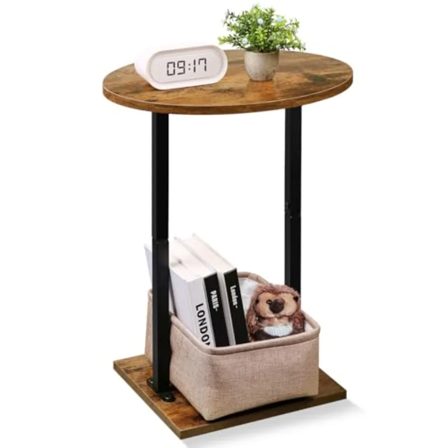

Small Side Table for Small Spaces 24 inch Wooden Round End Table with Fabric Basket Wood Accent Table for Couch Sofa Drink Side