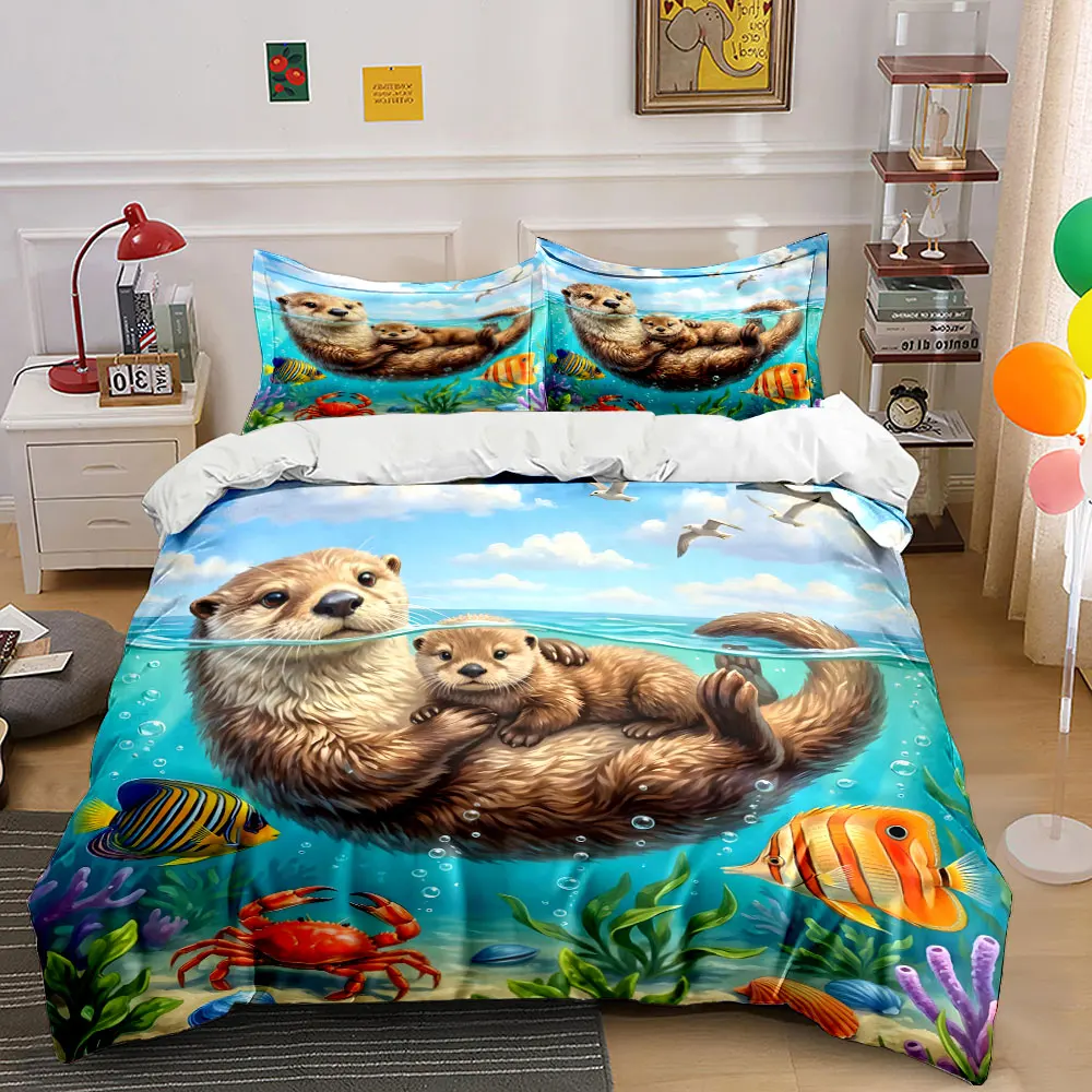 Otter Family with Marine Life Printed Duvet Cover Set1 Duvet Cover+2 PillowcaseMulti Size Bedroom Bedding Decor Luxury gifts