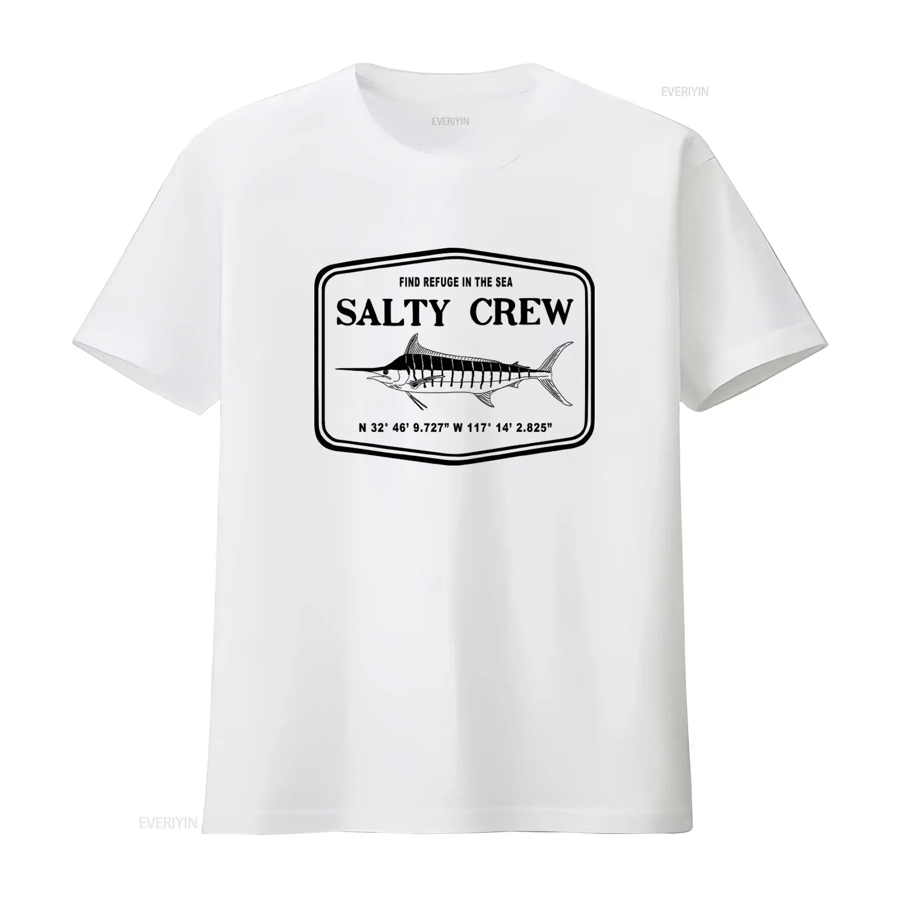 Mens T Shirt SALTY CREW Stealth Standard S Black Find Refuge in the Sea Design with Marlin Fish and Coordinates Print vintage