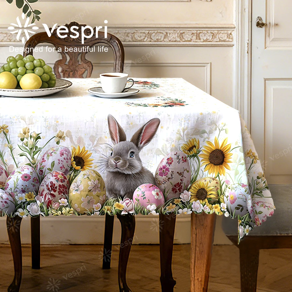 Vespri Oster-Tischdecke aus Polyester, rund, rechteckig, oval, gelb, weiß, Kaninchen, Sonnenblume, für Party, Restaurant, Festival-Dekoration