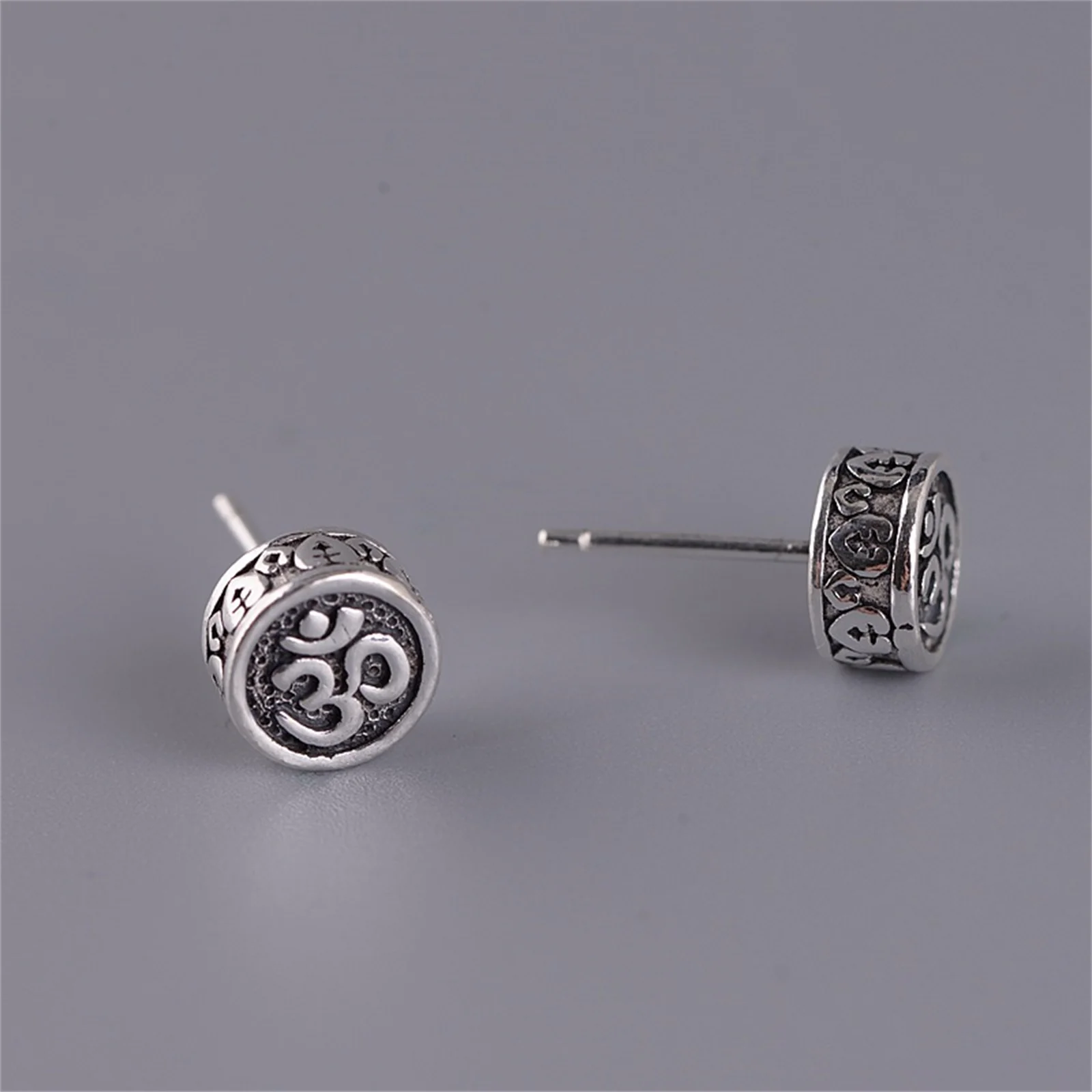 Sterling Silver 925 Om Aum Symbol Small Stud Earrings for Men Women Yoga Meditation Jewelry