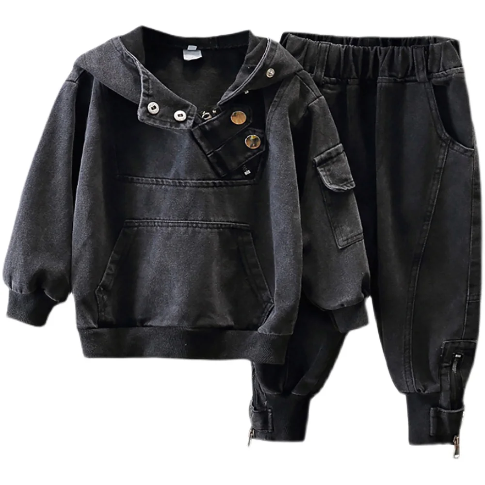 2-8Y Kids Boys Pullover Denim Jackets+Pants 2Pcs Spring Autumn Children Clothes Sets Streetwear Cool Boys Hooded Jean Coat Suits