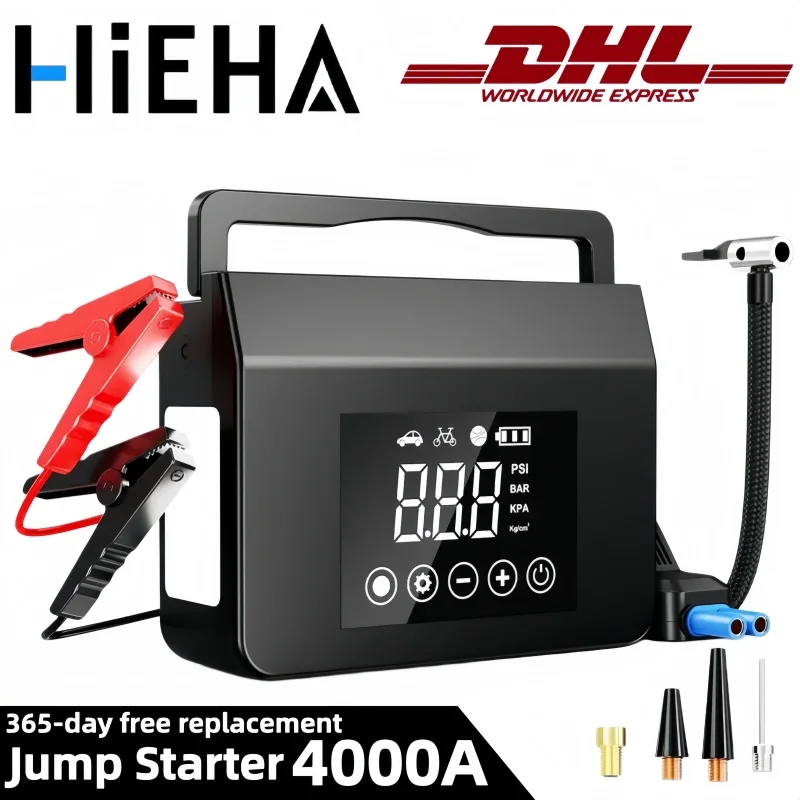 

hieha portable car jump starter 4000A 12V Portable Car Battery Charger, 150PSI Tire Inflator, 15000mAh Power Bank With LED Light