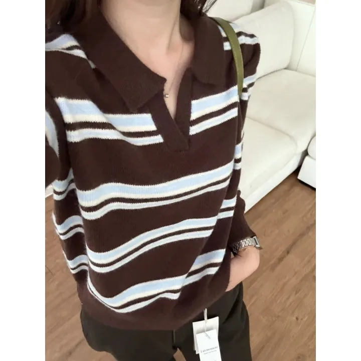 Emagrecimento longo sve ne listrado malhas simples faculdade sle camisola feminina chique outono inverno versátil faion topo