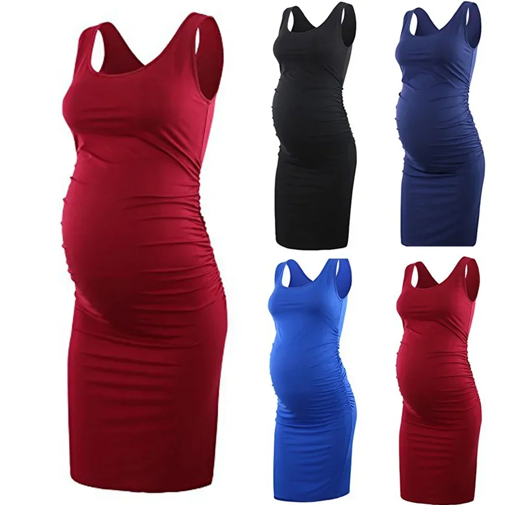 

Maternity Dresses Summer Women Pregnany Sleeveless Crew Neck Solid Color Patterns Tank Pregnant Bodycon Dress