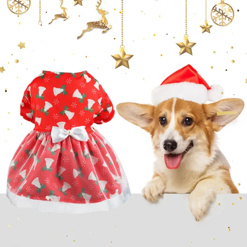 Christmas Dog Dress See-through Mesh Xmas Tree Bells Print Pet Dress Adorable Polyester Festival Pet Skirt Photograph Prop