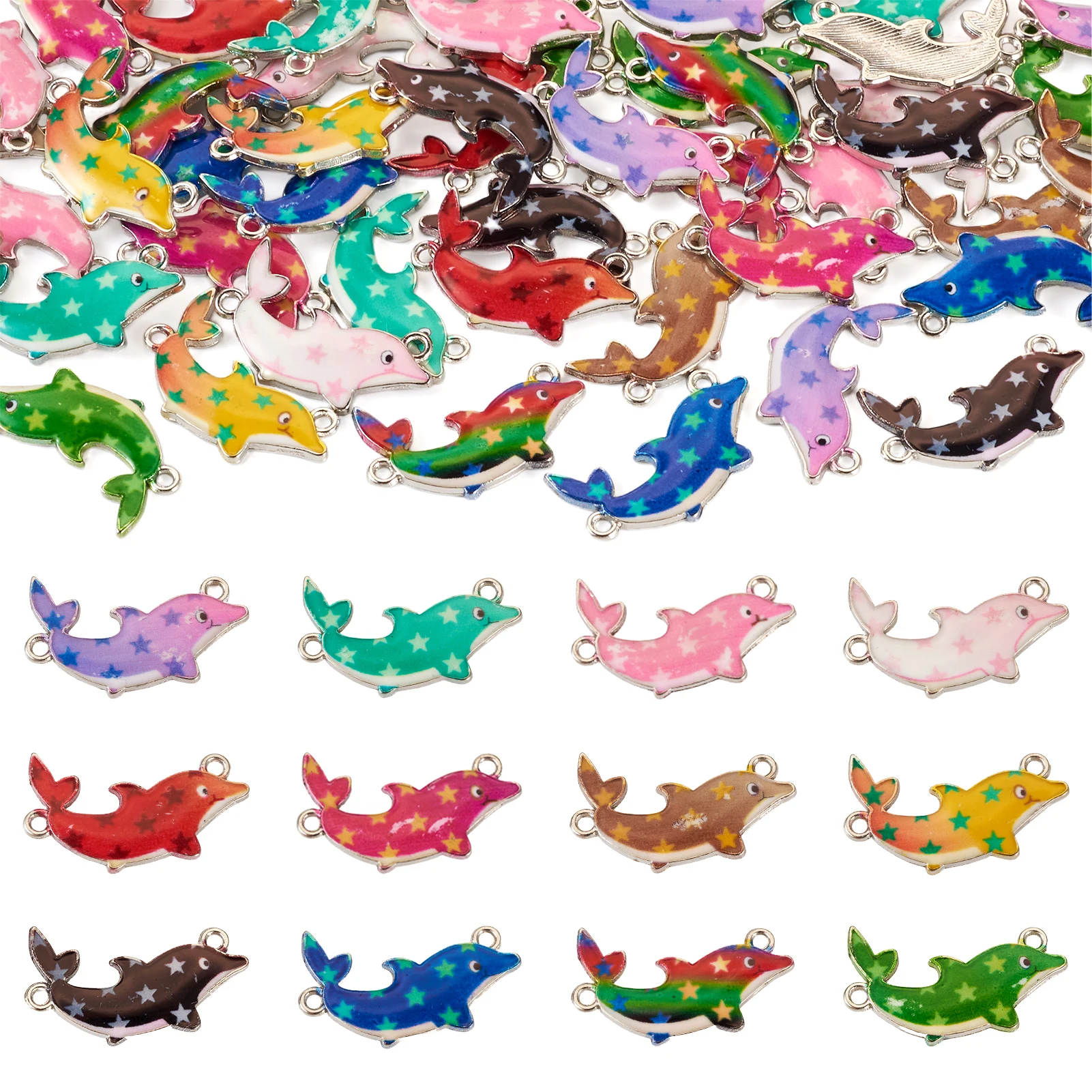 48Pcs Mixed Color Animal Star Print Dolphin Alloy Enamel Connector Charms DIY Necklace Bracelet Jewelry Making Accessories