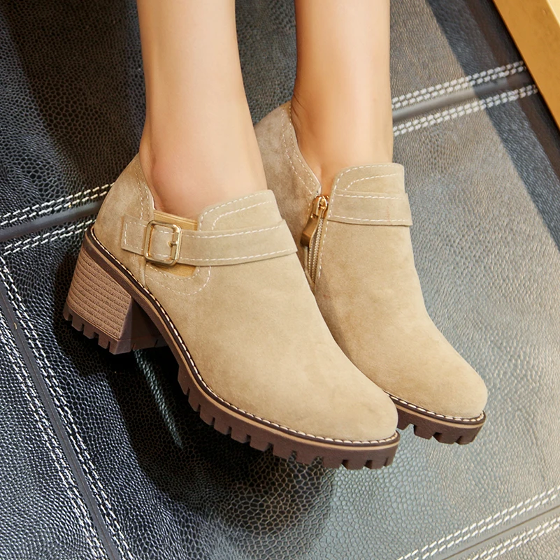 Suede Matte Ankle Boots For Women, Slip On Design With Metal Square Buckle, Wood Grain Block Heel, Low Cut Versatile Short Boots