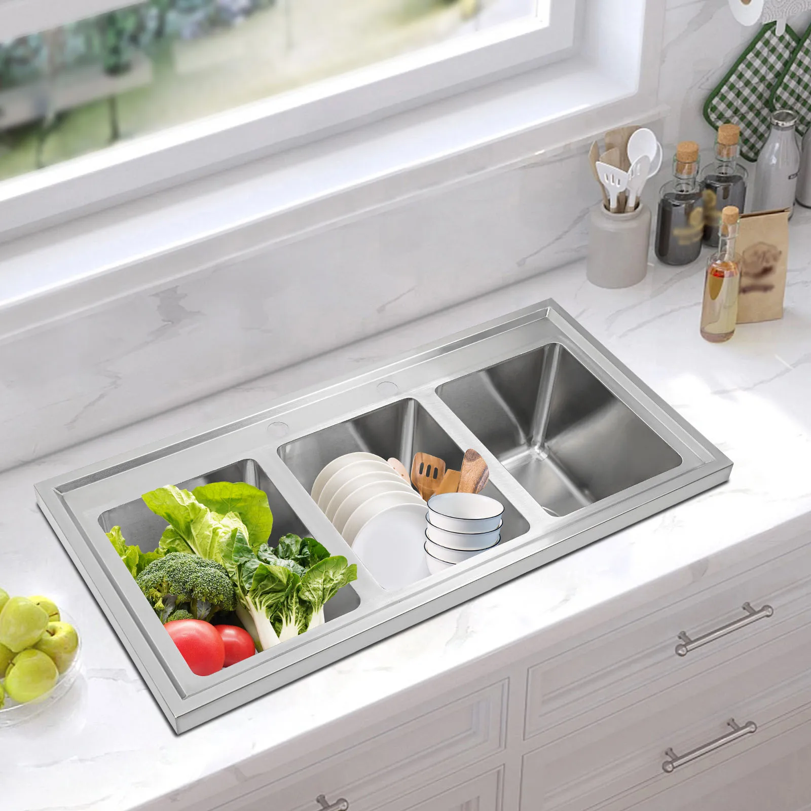 حوض مطبخ تجاري فضي مكون من 3 حجرات، حوض ثلاثي من الفولاذ المقاوم للصدأ 201، حوض إعداد بار 94 × 47 × 25.4 سم مع 3 أنابيب تصريف #2