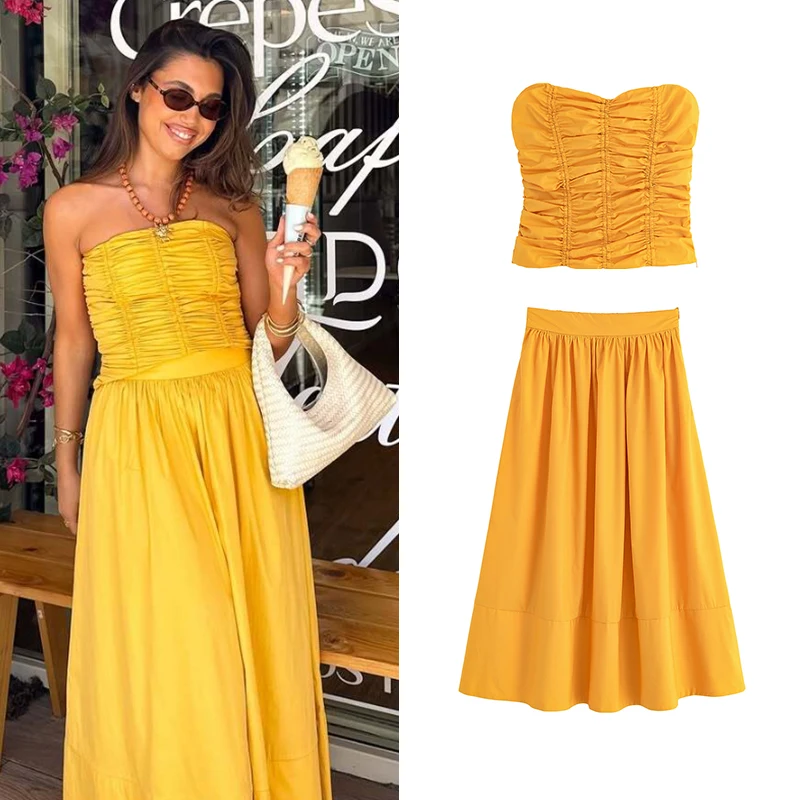 

Summer Skirts Sets Women's 2025 New 2-piece Set Chic Elegant Yellow Tube Top Tops Skirt Women's Sets Summer Fashion Holiday Suit