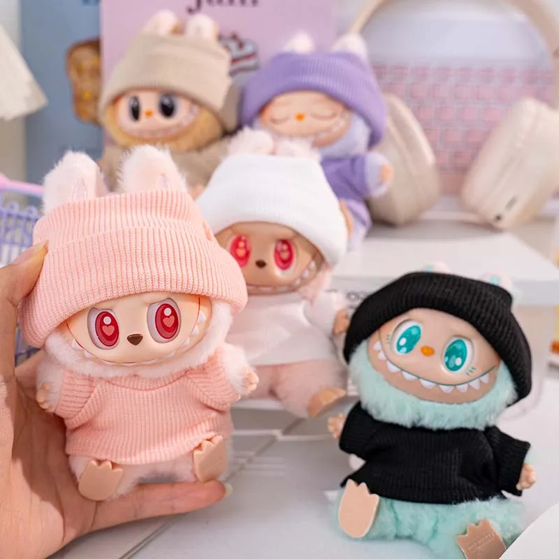 Für 15–17 cm Labubu-Puppenkleidung, Flanschmütze, Pullover, T-Shirt, kurzes Set, Kleidung, passende Canvas-Schuh- und Brillenzubehör