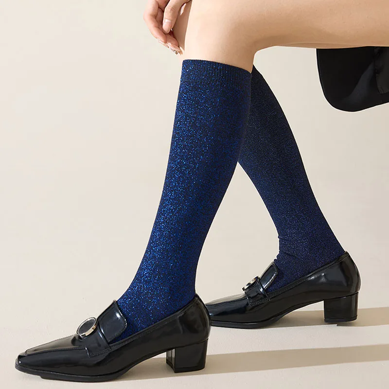 Women Girl Stockings Gold Silver Thread Sparkling Casual Below Knee Leg Pile Calf Socks Long High Student Crew Socks Fashions