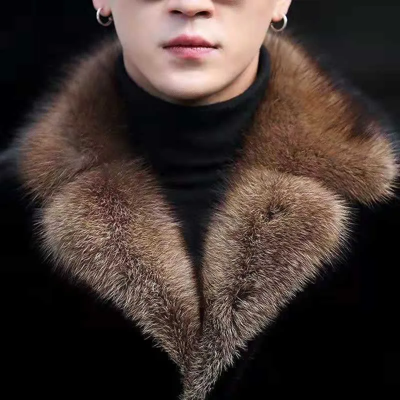 Jas Bulu Mink Kerah Jas Pria Model Longgar Oversize Jaket Bulu Tebal Hangat Bisnis Kasual Windbreaker