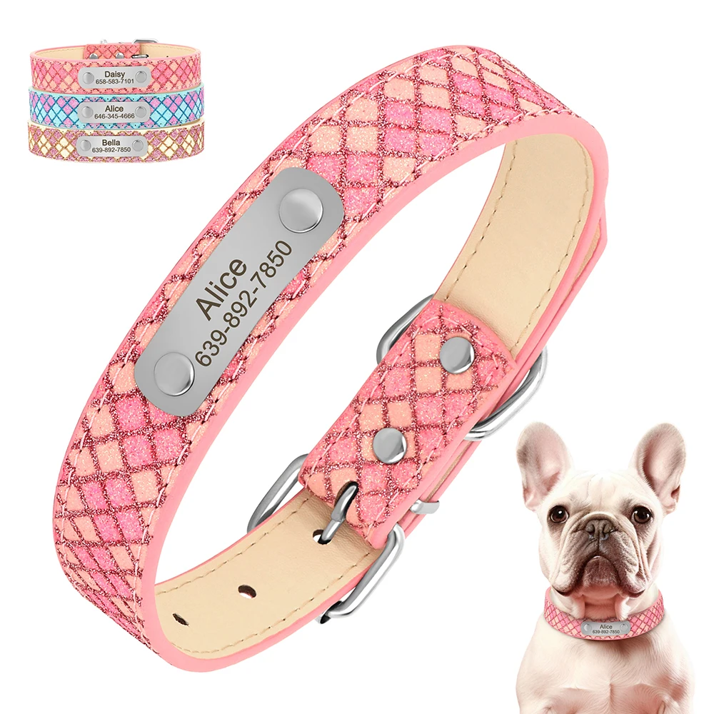 Customized Leather Dog Collar Free Engraved Cat Dogs Collars Pet Puppy Plaid Necklace Adjustable For Small Medium Dogs Chihuahua
