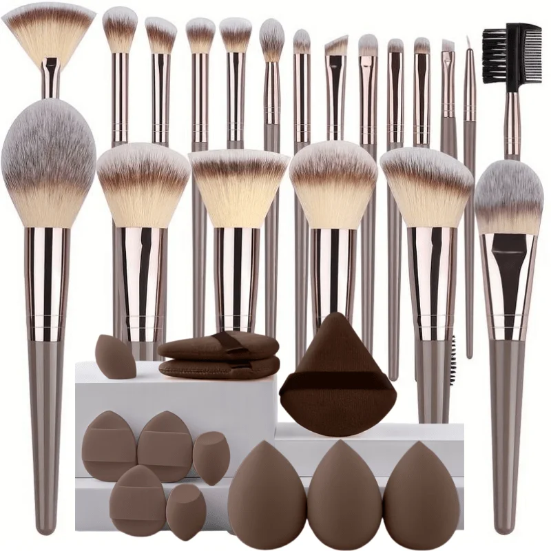 Pincéis de maquiagem marrom, 1-32 peças, conjunto portátil, ferramenta de maquiagem macia, base sintética premium, corretivos, sombras, pincel, maquiagem diária
