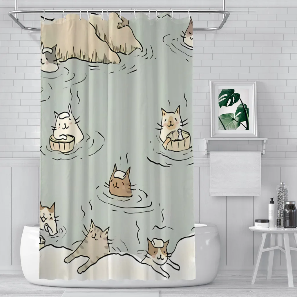 Cat Onsen Bathroom Shower Curtains Waterproof Partition Creative Home Decor Bathroom Accessories