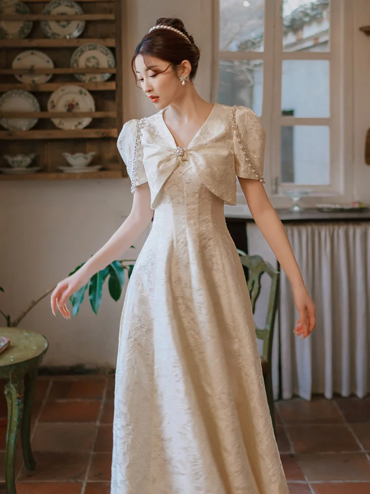 Vestido Formal con estampado de satén blanco, chal de cuentas de lujo, manga abullonada, vestidos de fiesta de boda, vestido de graduación de línea a, largo de té Delgado