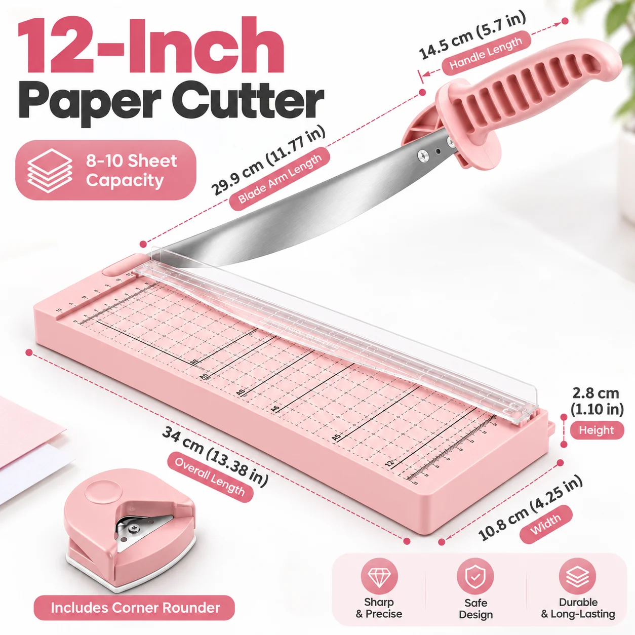 Pink 12-Inch Paper Cutter Set with Corner Rounder, 8-10 Sheet Trimmer, Clear Safety Guide and CM/Inch Ruler for Scrapbooking