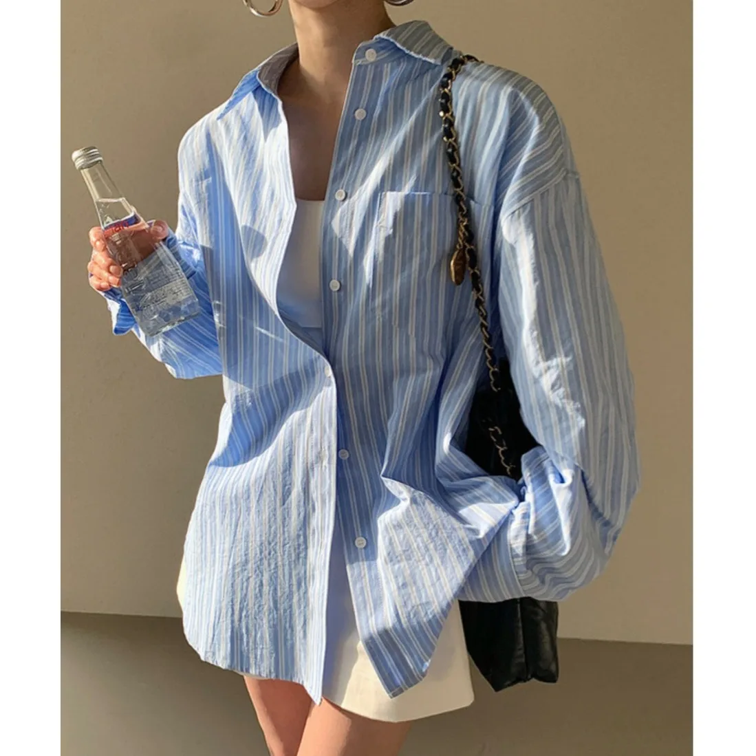 Chic Early Autumn Lazy Style Striped Loose Long Sleeve Turn-down Collar Fashionable Women's Shirt Sun Protection Outerwear