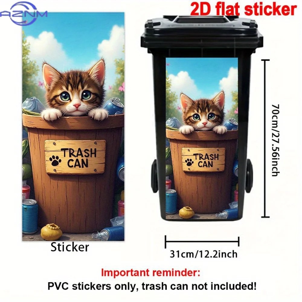 1pc, 2D Flat Sticker, Cute and Mischievous Kitten Trash Can Sticker, Waterproof PVC Sticker, Trash Can Decal, Decorative Self-