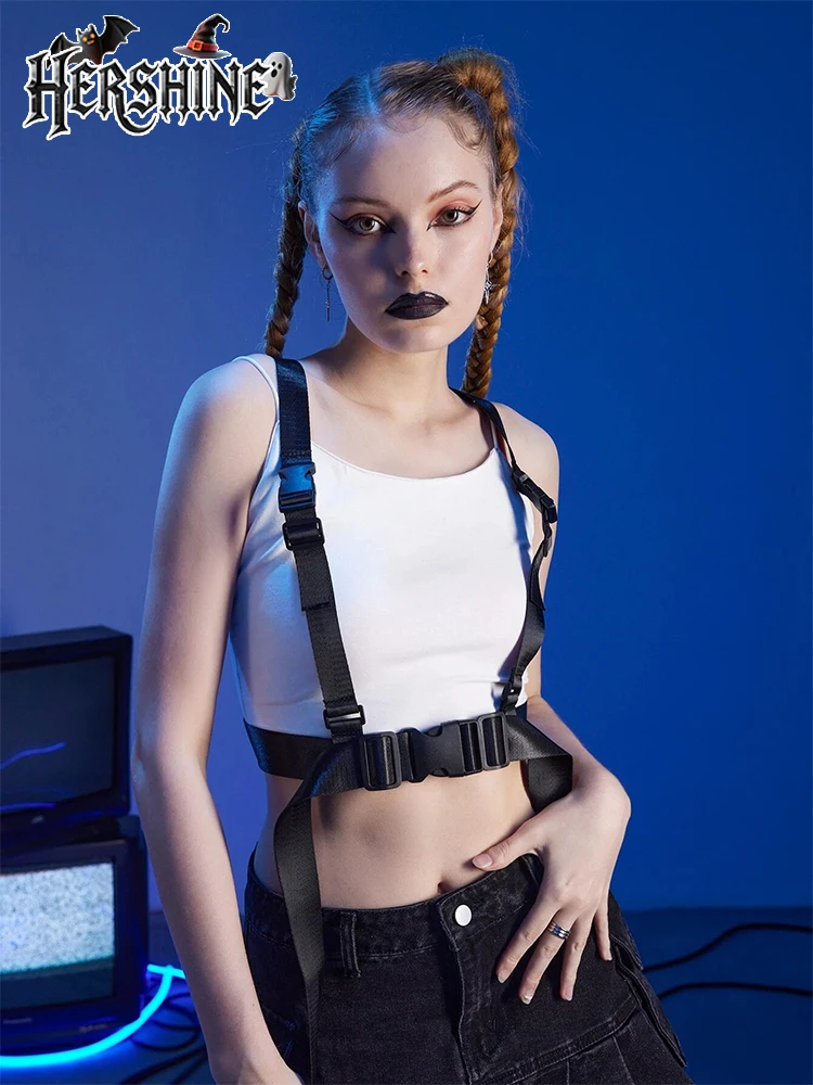 HERSHINE 1 pezzo da donna con fibbia in plastica nera, estensione bifacciale, tracolla in tela stile scuro, accessorio Y2K per Halloween