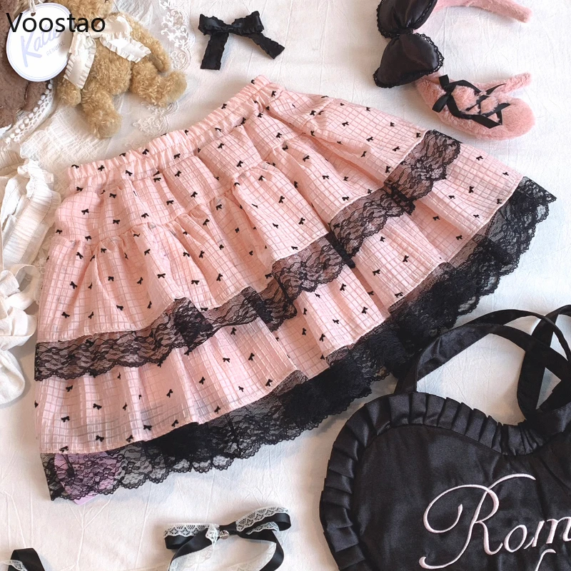 

Pink Kawaii Lolita Mini Skirt Women Harajuku Bow Lace Ruffles Party Skirts Japanese Girls Sweet Y2k Cake Skirt Faldas Mujer Moda