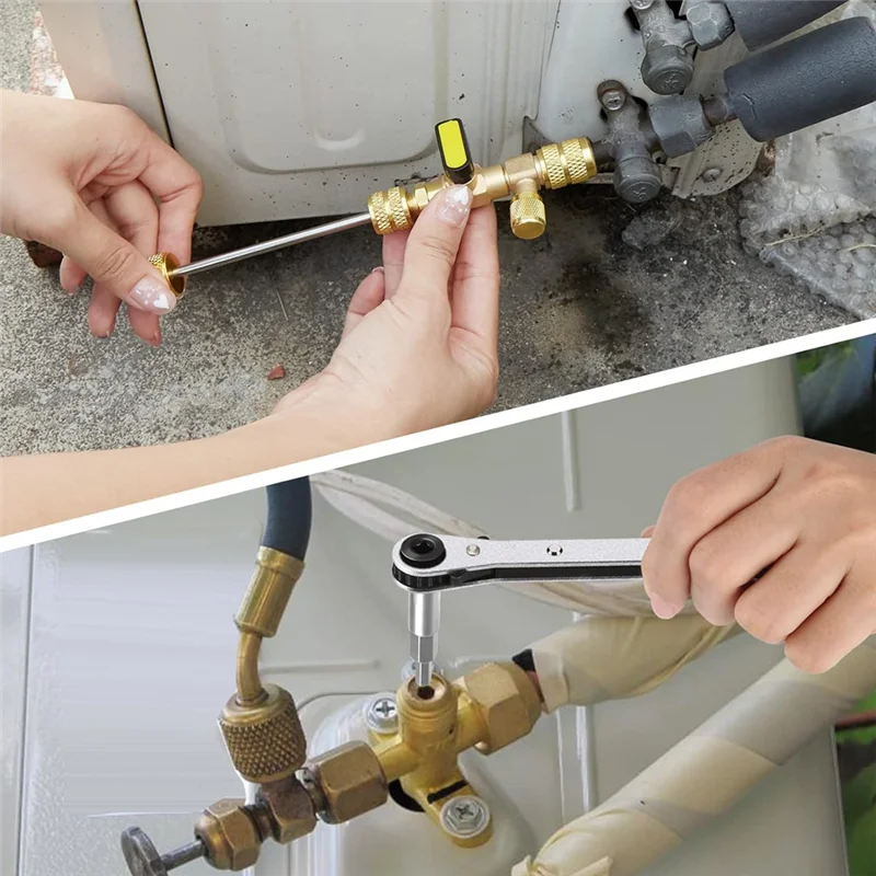 

Инструмент для снятия сердечника клапана и набор сервисных ключей HVAC с шестигранным адаптером, портом SAE 1/4 и 5/16, 10 сердечников клапана и т. д.
