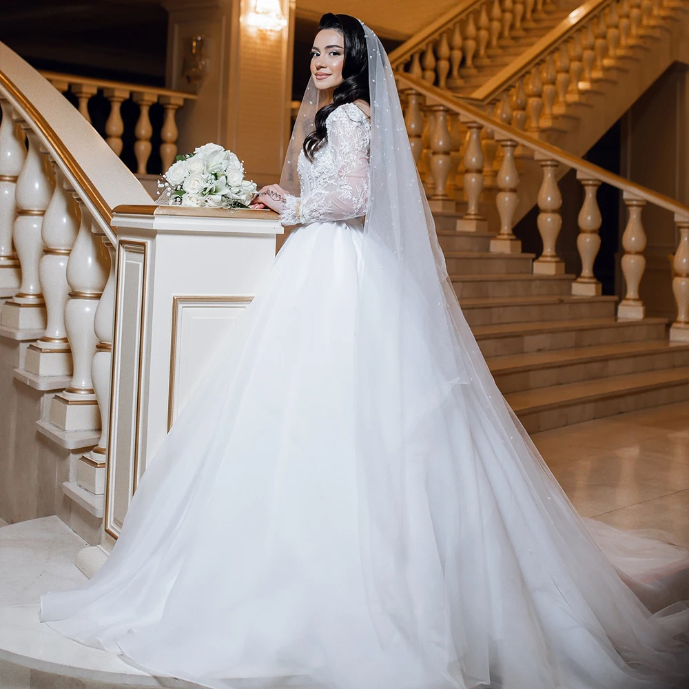 

Exquisite Wedding Dresses Sweetheart Long Sleeve Lace Bride Dress A-Line Organza Church Bridal Gown Customized robe de mariée