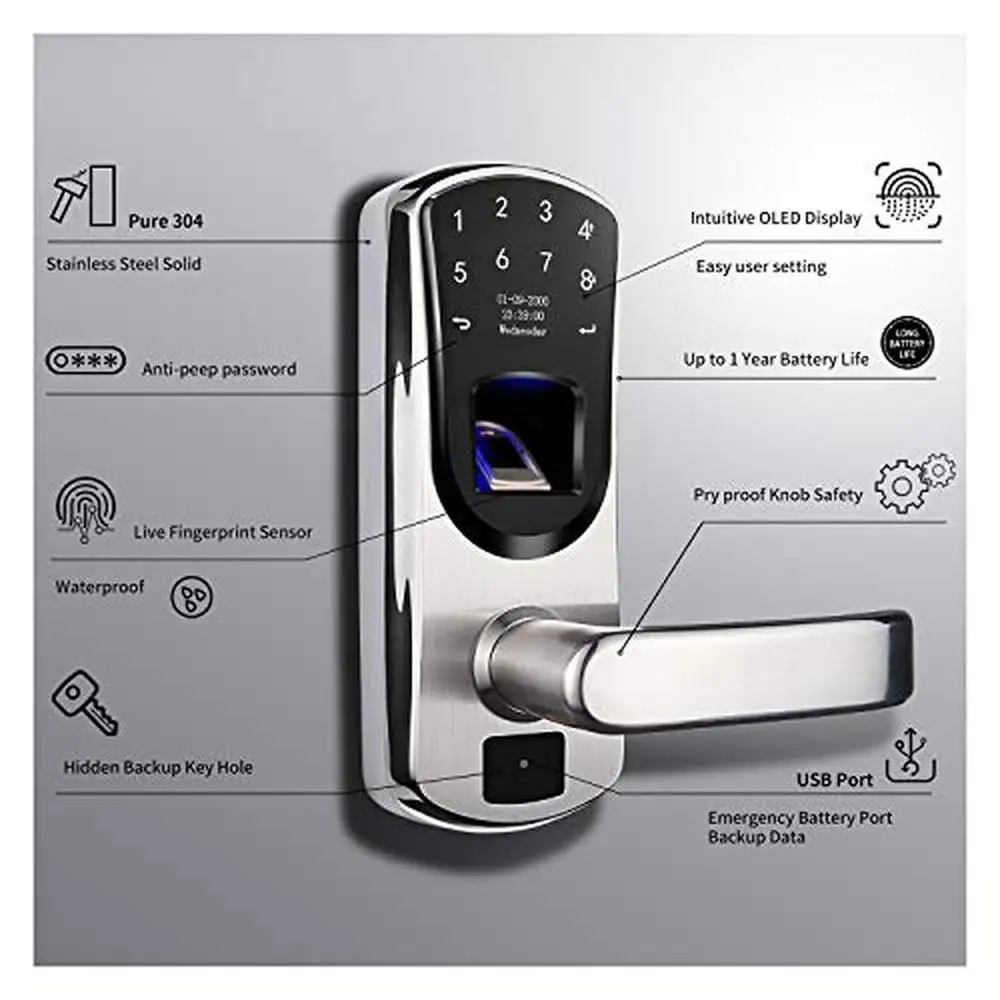 Keyless Entry Smart Door Lock Stainless Steel Fingerprint Code Backup Key Two-factor Semiconductor Finger Sensor 200 Fingerprint