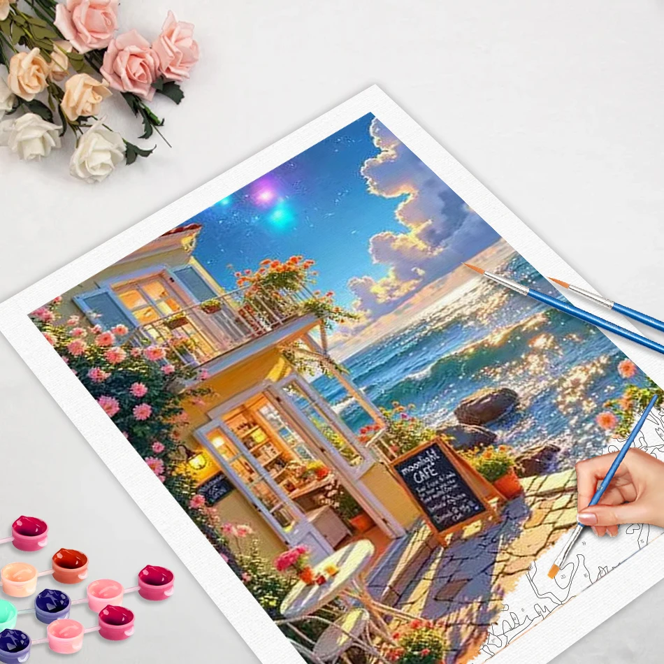 

CHENISTORY Painting By Number Seaside House Scenery For Adults Picture By Numbers Paint On Canvas DIY Frame Home Decoration