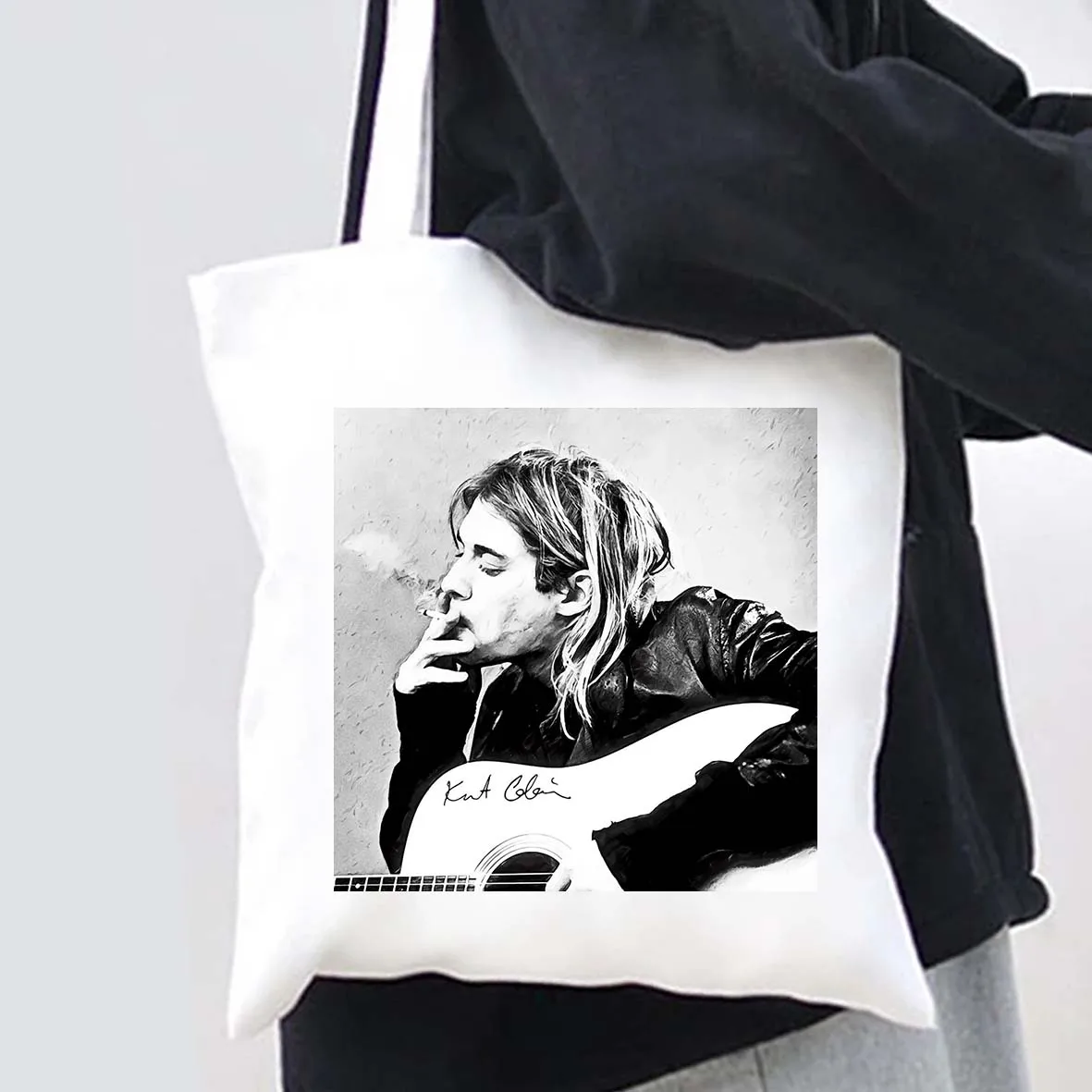 Singer Kurt Cobain Portrait Pop Poster Rock Roll Music Retro Vintage Men Women Canvas Shoulder Tote Bag Shopper Shopping Handbag