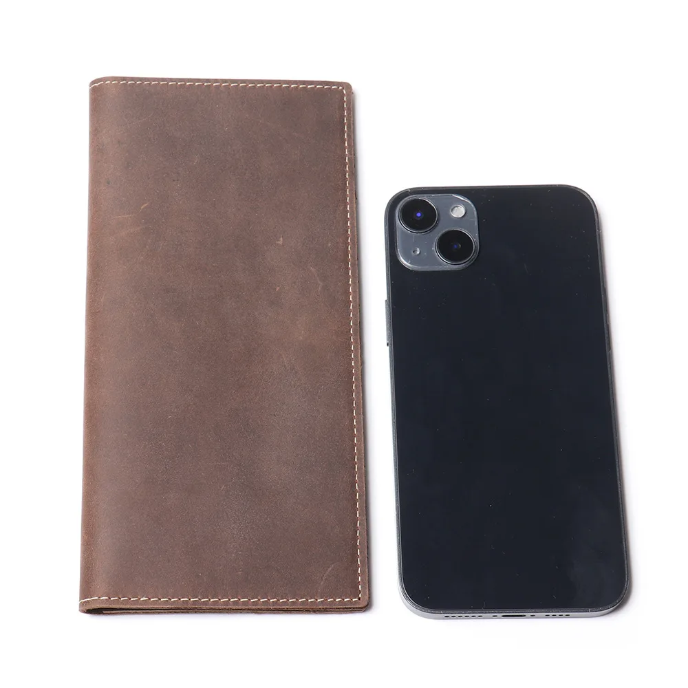 Vintage Crazy Horse Leather Long Wallet for Men with Multiple Card Slots and Zipper Pocket