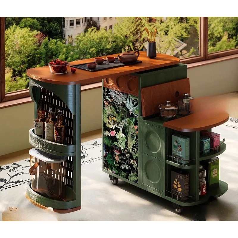 

E182 Medieval style movable tea table French retro style rotating solid wood mobile side cabinet universal wheel
