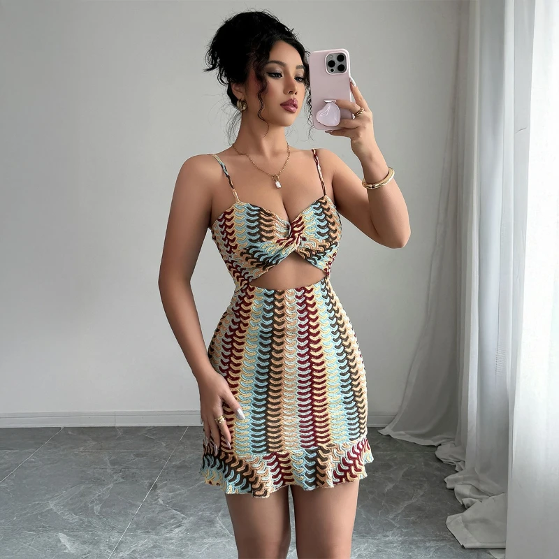 

Mini Dress Women Print Dresses Sexy Sleeveless Slim Bodycon Camisole Hollow Out Dress V Neck Vestidos Backless Beach Summer