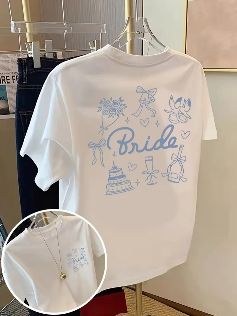 Bride Wedding Element Print T-shirt Bachelorette Party Line Art Graphic Short Sleeve Tops Women Loose Streetwear Daily Wear Tee