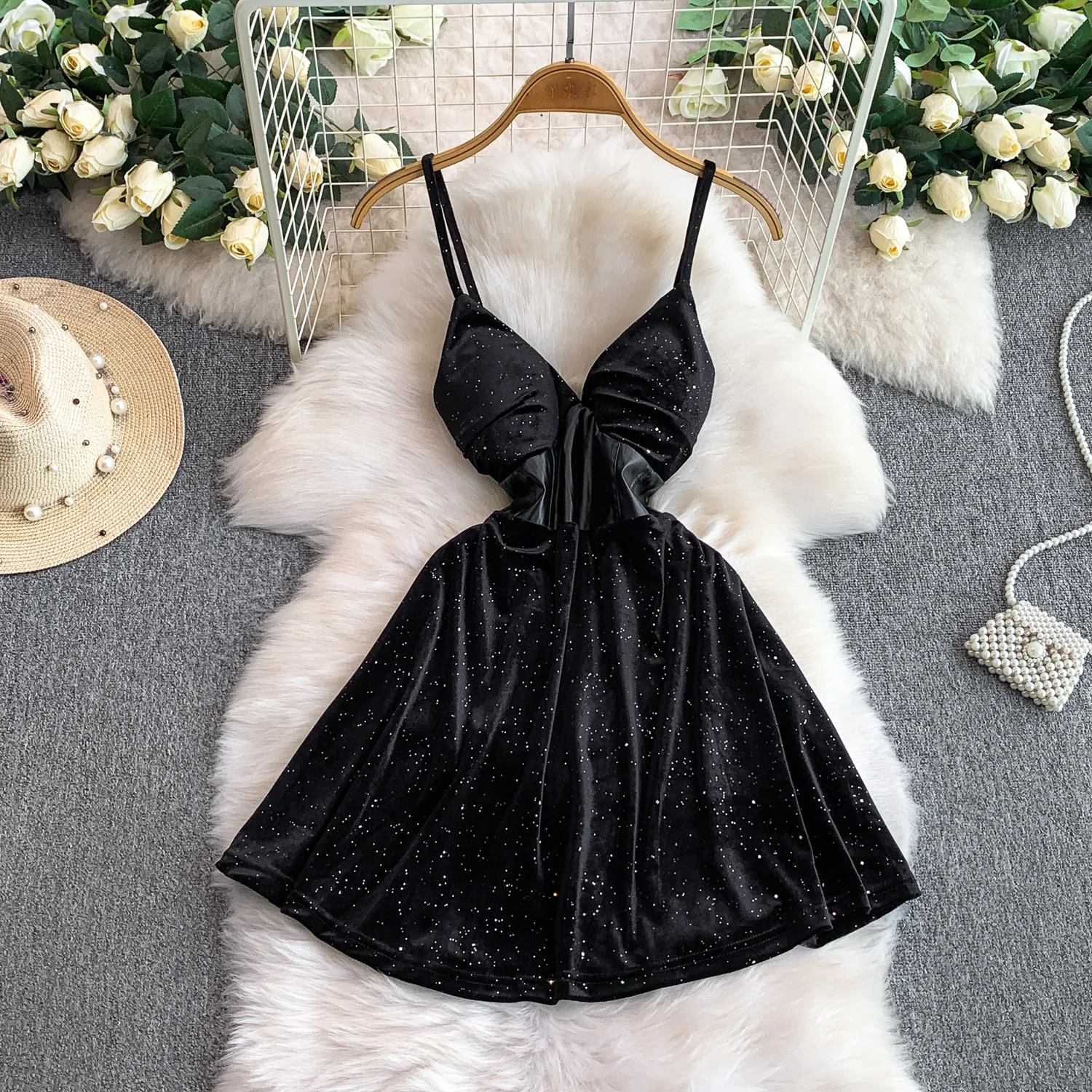 أنيقة خمر الترتر القطيفة بلا أكمام أنيقة الجنية الكورية أزياء الخريف فستان الشمس النساء الملابس #3