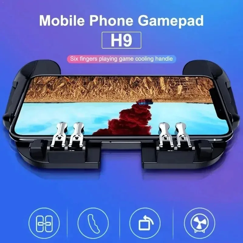 H9 6フィンガーフォンゲームパッドジョイスティックコントローラー、内蔵バッテリー冷却ファン搭載、iPhone/Android PUBG向け、照準射撃用合金製キーボタン付き