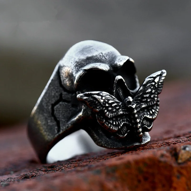 

Punk Gothic Death's Head Skull Moth Butterfly Stainless Steel Mens Rings Trendy Unique For Male Biker Jewelry Gift Wholesale