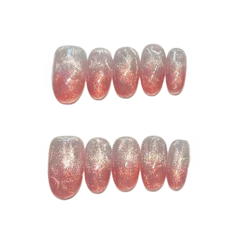 10 ชิ้นประกายแวววาวทำด้วยมือกดบนเล็บพลอยสีแดงการไล่ระดับสีคลื่นน้ำแมวตาตาเล็บปลอมที่ถอดออกได้