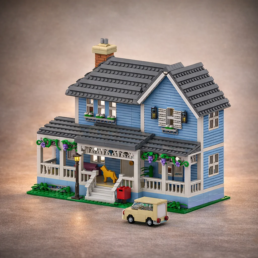 

MOC Country House Building Blocks Model Blue Villa Architecture Bricks DIY Assembly Toy with Car Garden Scene Display Gift