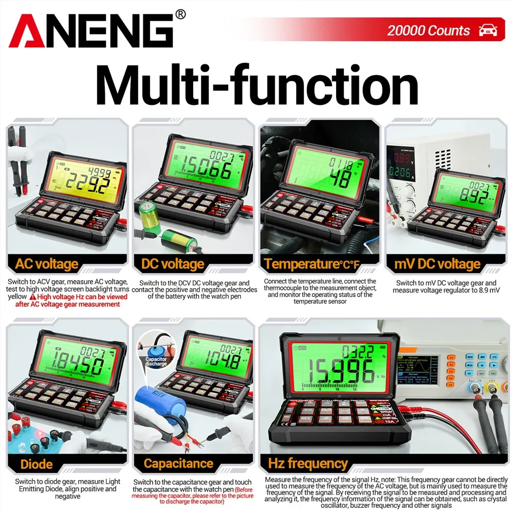 ANENG 623 Multímetro de reparación de automóviles 20000 recuentos Digital AC/DC voltaje/Curren NCV diodo de inducción capacitancia zumbador herramientas de prueba