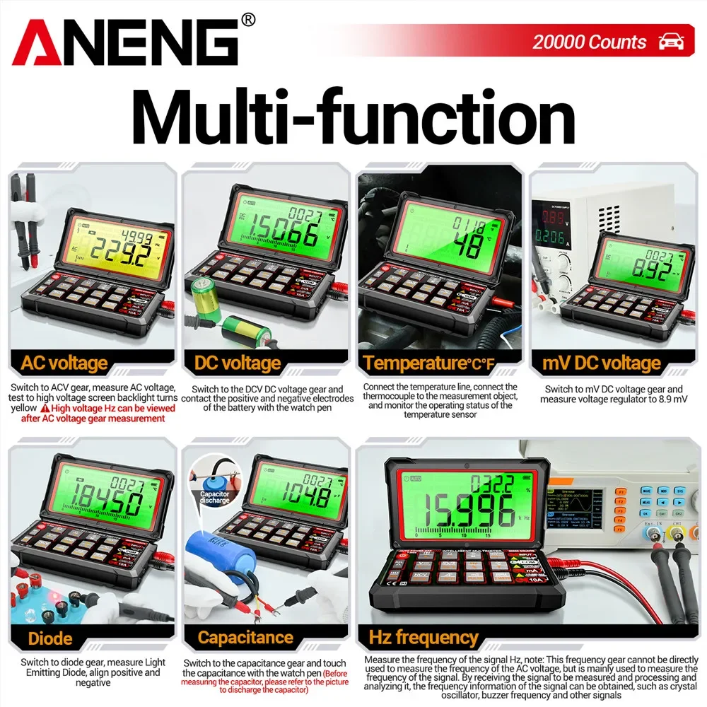Imagem -03 - Aneng Auto Repair Multímetro Digital Ncv Diodo de Indução Buzzer Capacitância Tester Tools Ncv ac Tensão dc 20000 Contagens 623