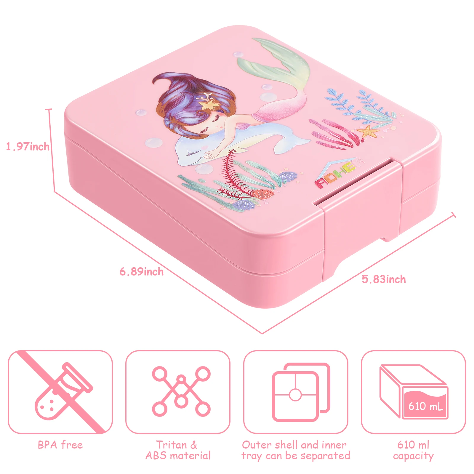 AOHEA Bento Lunch Box for Kids: Mermaid Bento Boxes 4 Compartment Toddler Bento Containers for Daycare or School