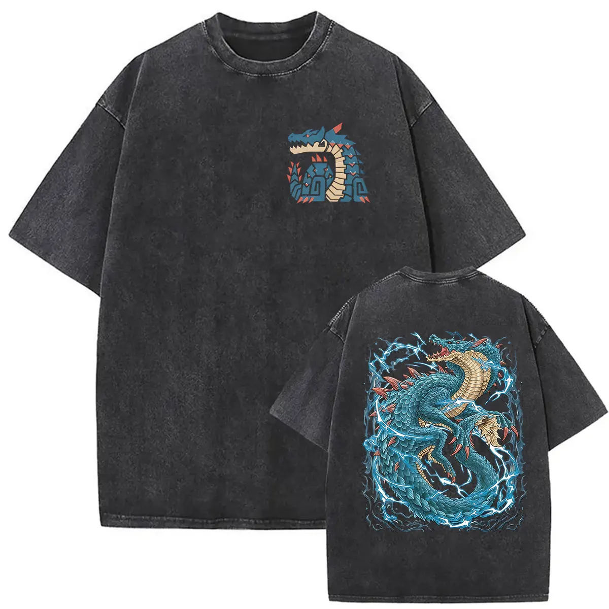 Vintage Washed Monster Hunter Lagiacrus The Lord of The Seas Game Fans T-Shirts Herren Damen Kleidung Mode Kurzarm-T-Shirt – Detail 2