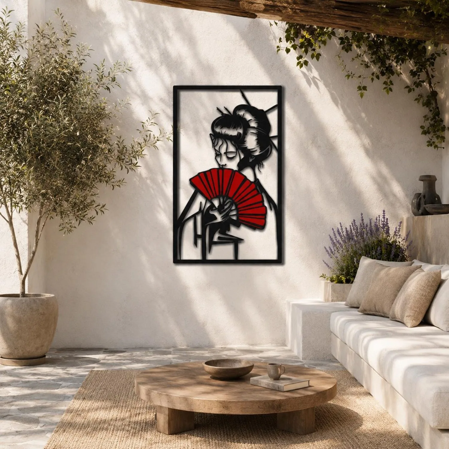 Geisha Metal Wall Art with Red Fan, Japanese‑Style Zen Decor for Home & Patio, Christmas New Year Housewarming Gift